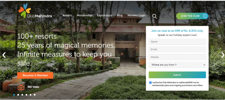 Club-Mahindra’s refreshing call to action example for websites