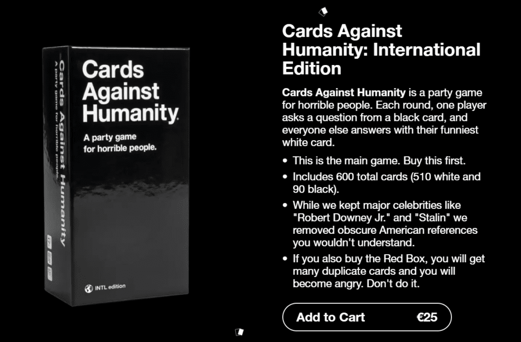Cards against humanity with product description