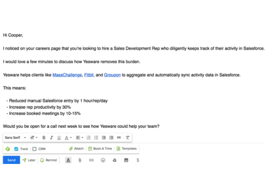 Cold emails example 2 - Yesware 