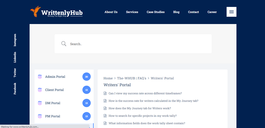 FAQ section in WHub portal