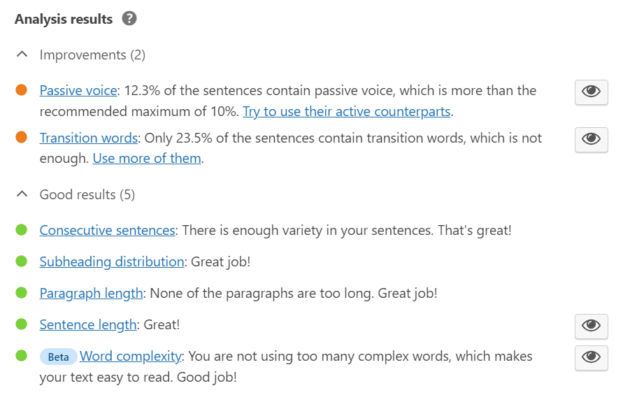 Passive voice analysis for website content writing