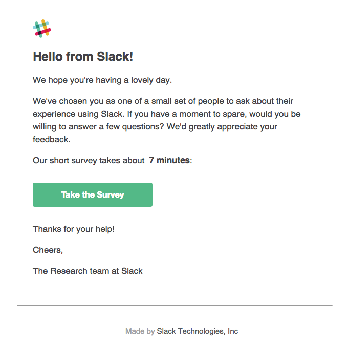 Slack example - email marketing to existing customers