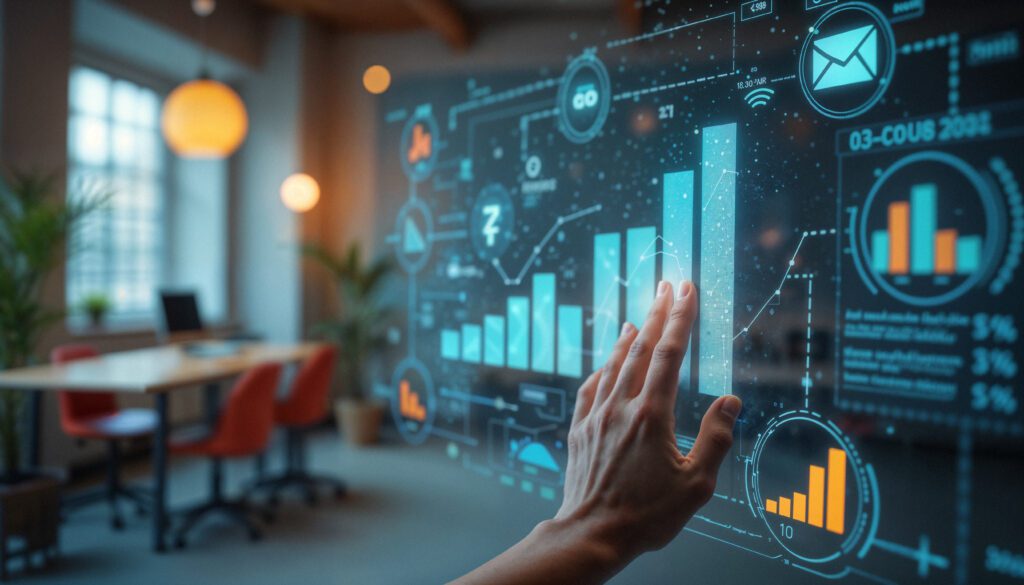 Hand scrolling over VR KPI touchscreen, measuring graphs