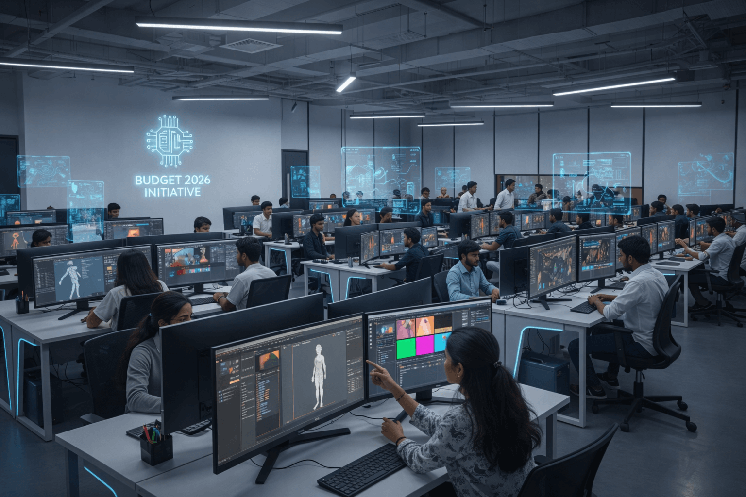 Indian students learning animation and digital content creation in AVGC Content Creator Lab under Budget 2026 initiative