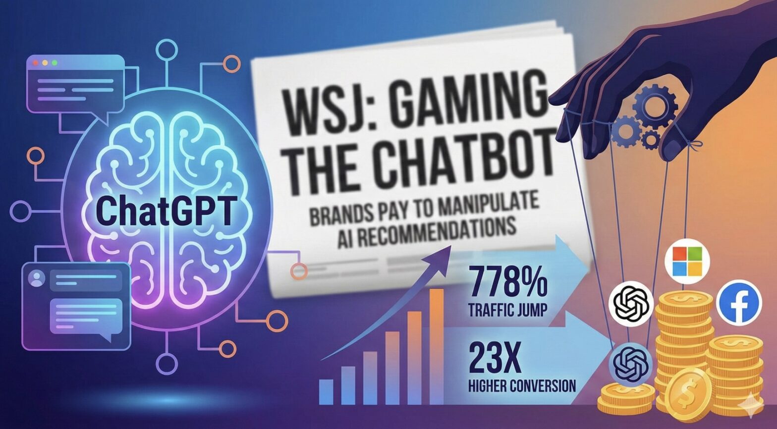 Brand manipulation tactics in AI search illustrated by chess piece on digital board with ChatGPT interface elements